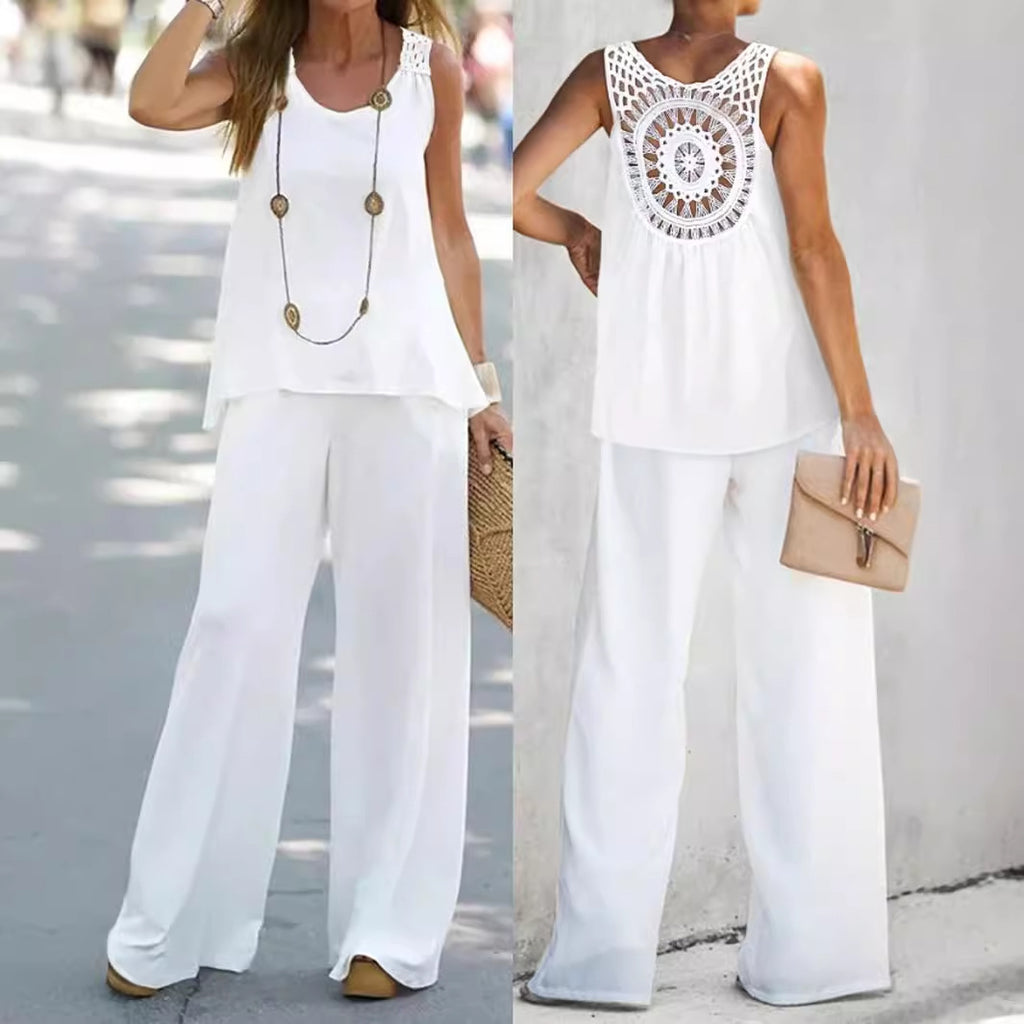 2 Pieces Set Women's Sleeveless Solid Color Back Hollow Lace Suit Summmer Trendy Casual Top Wide Leg Pants Set For Daily Wear Holiday Outfit