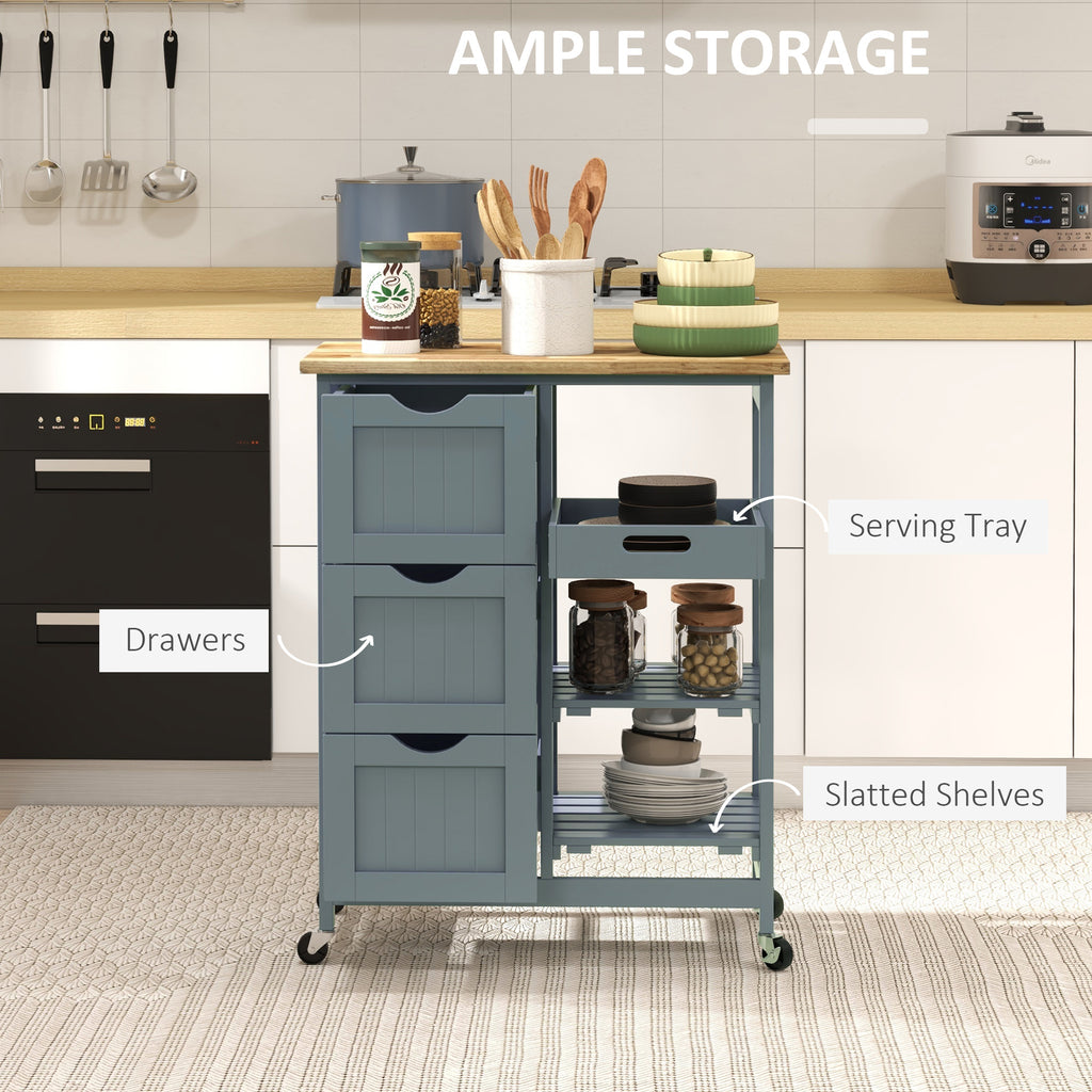 Rolling Kitchen Cart, Kitchen Island with Wood Top, Shelves & Drawers for Dining Area, Gray
