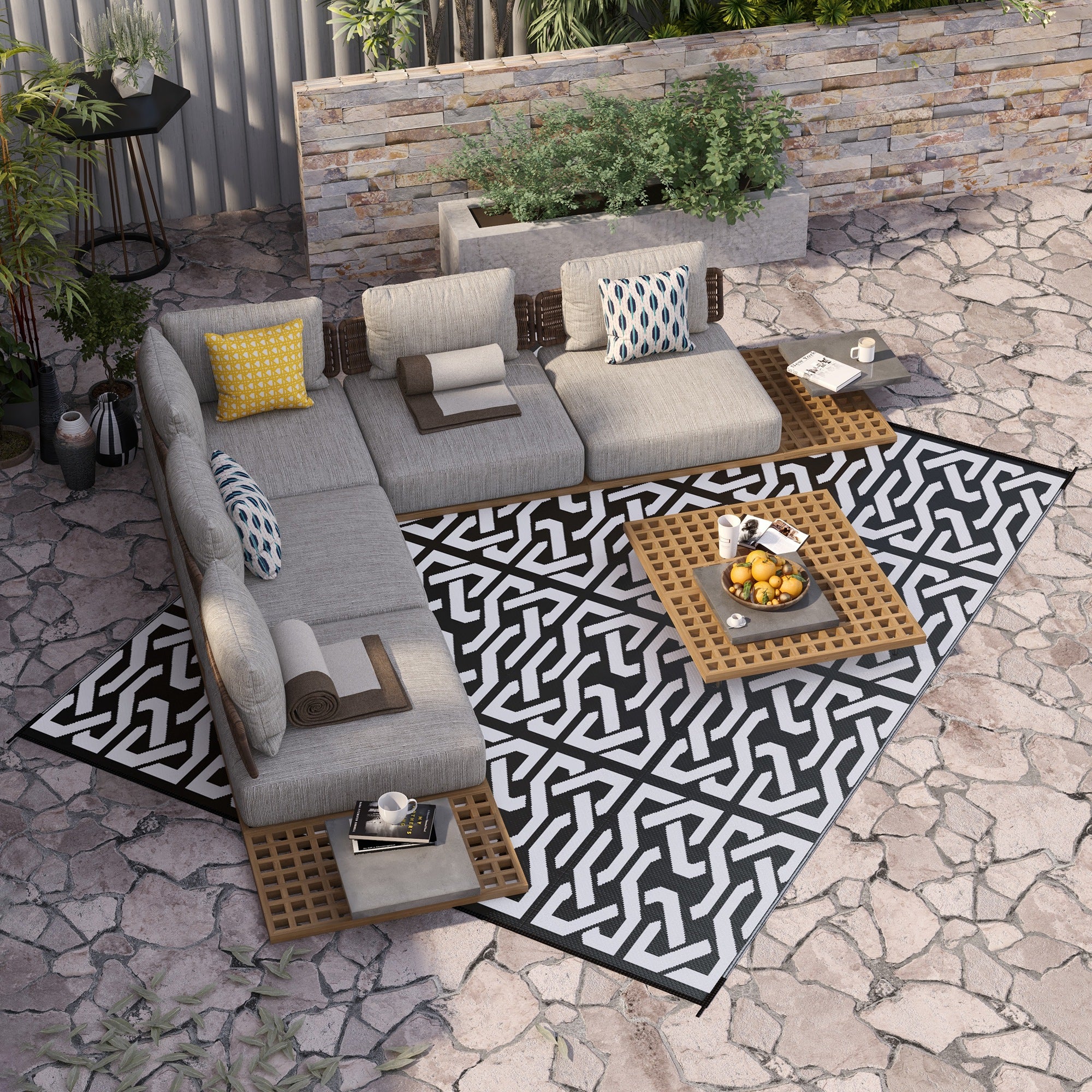 Reversible Outdoor Rug Carpet RV Camping Rugs with Carry Bag, 8' x 10', Black & White Chain