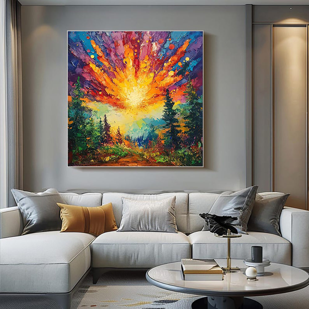 Hand-painted Oil Paintings Sun Rises In The Deep Forest Shining With Brilliant Light Modern Wall Paintings Home Decoration Art Picture Landscape Canvas Textured 3D Posters