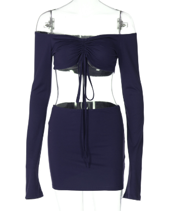 Drawstring Drop Ruched Off Shoulder Two-piece Skirt Set Y2K Long Sleeve Top & Bodycon Skirt Outfits Women's Clothing