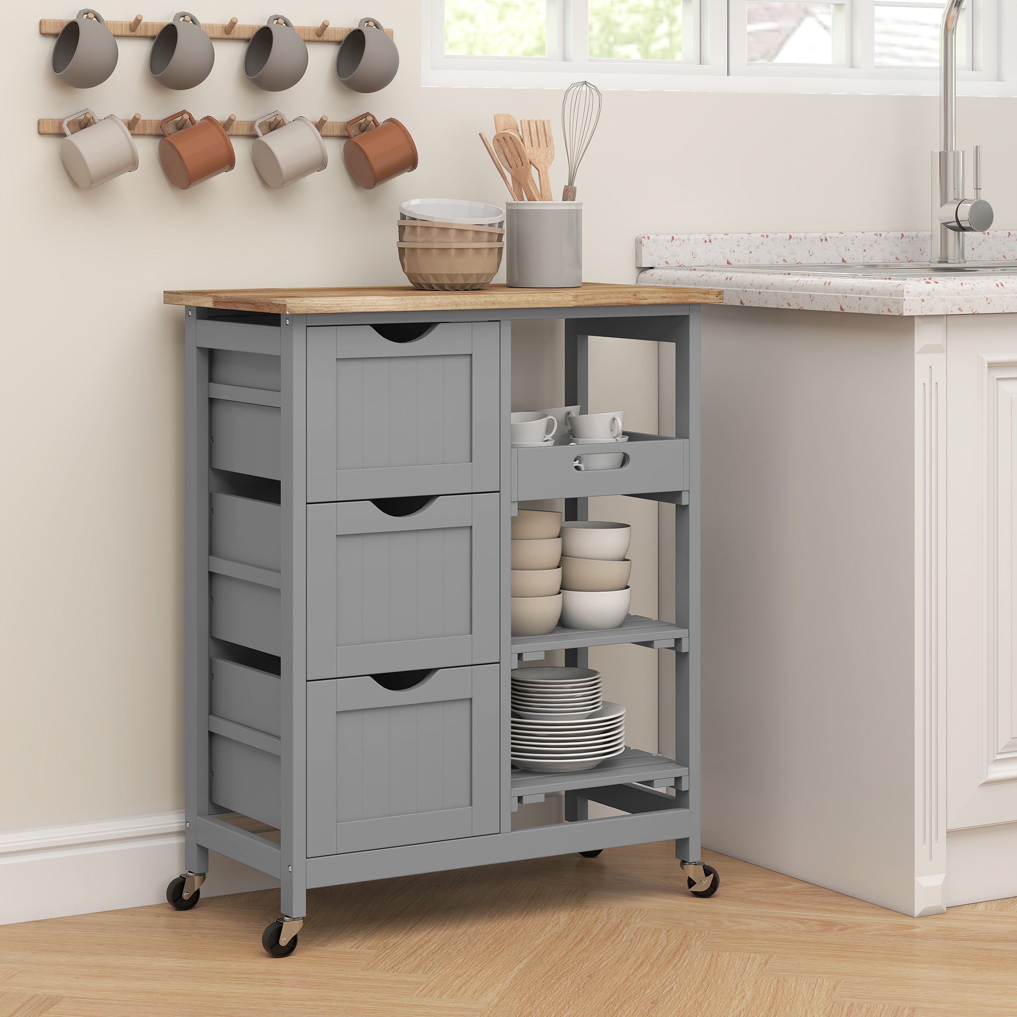 Rolling Kitchen Cart, Kitchen Island with Wood Top, Shelves & Drawers for Dining Area, Gray