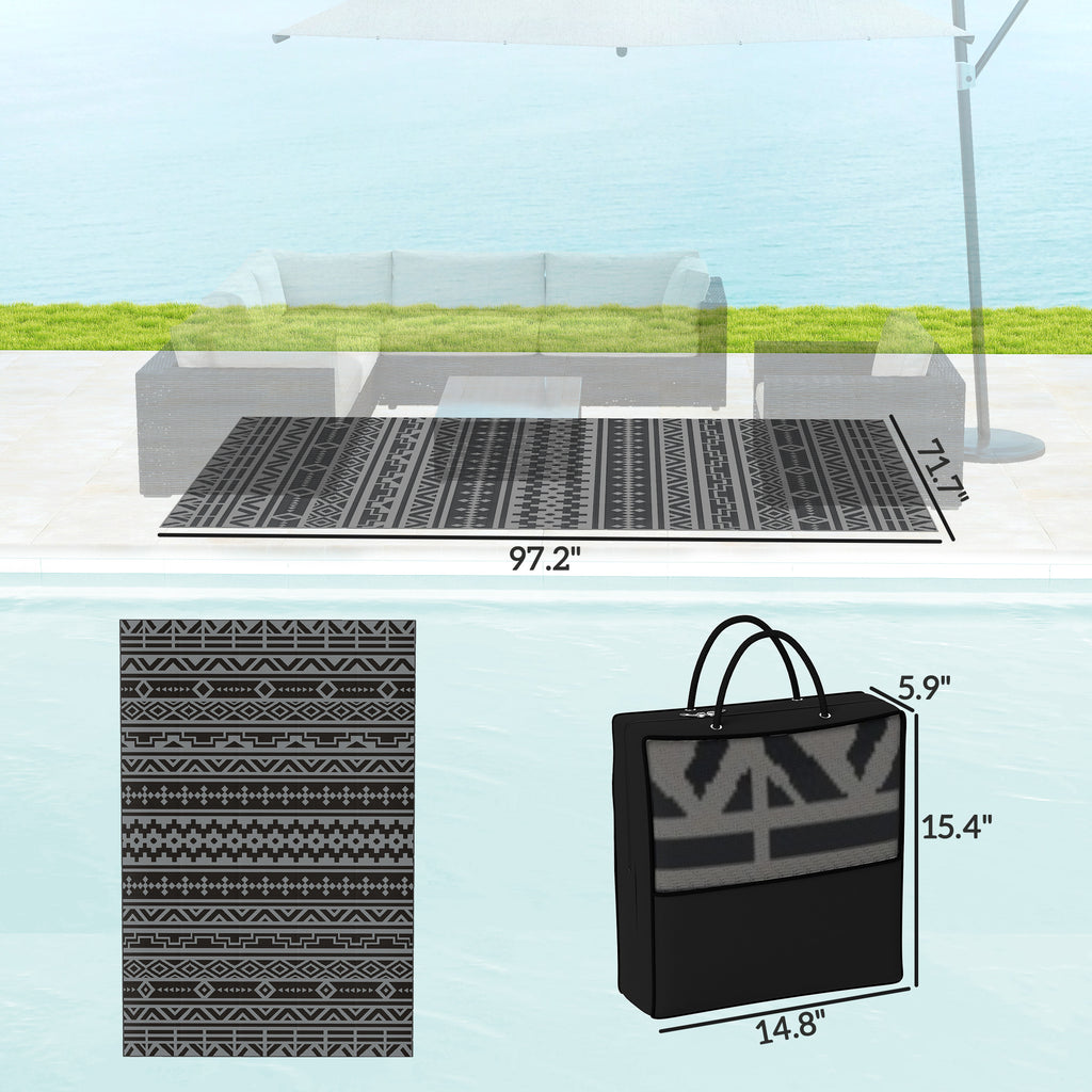 Reversible Outdoor Rug, Waterproof Plastic Straw with Carry Bag, 6' x 9', Black & Gray Geometric Wall