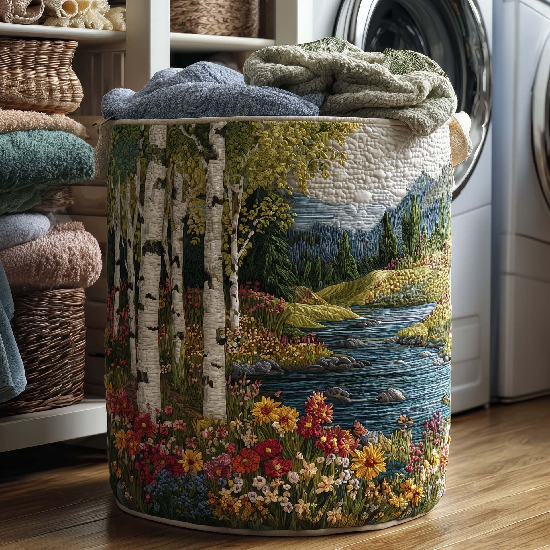 Quilted Embroidery Laundry Basket Storage Box Laundry Hamper