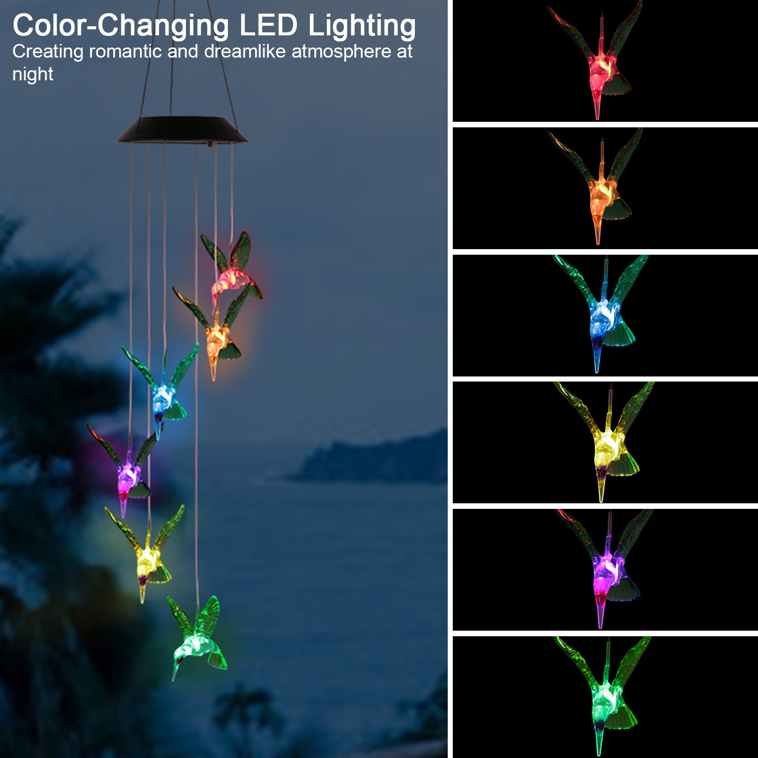 LED Solar Hummingbird Wind Chime Solar String Lights 6 LEDs Color-Changing IP65 Waterproof Decorative Lamp Lighting For Home Garden Fence Party