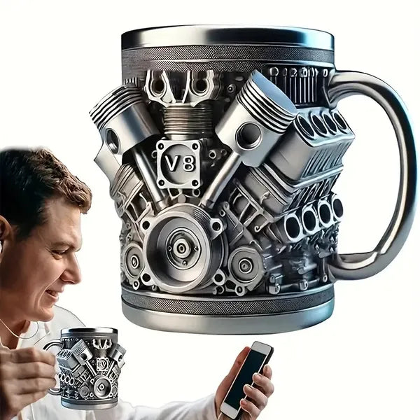 V6/V8 Engine Design Mug - Heavy-Duty Metal Construction, Double-Wall Insulated Cup With Non-Slip Grip - Vintage Automotive Beer Cup, Coffee Mug Gift For Car Guys (Father's Day, Christmas, Birthday) -