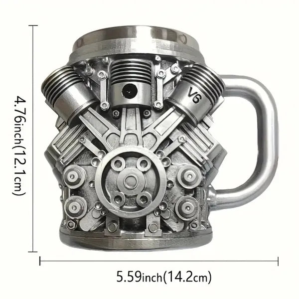 V6/V8 Engine Design Mug - Heavy-Duty Metal Construction, Double-Wall Insulated Cup With Non-Slip Grip - Vintage Automotive Beer Cup, Coffee Mug Gift For Car Guys (Father's Day, Christmas, Birthday) -