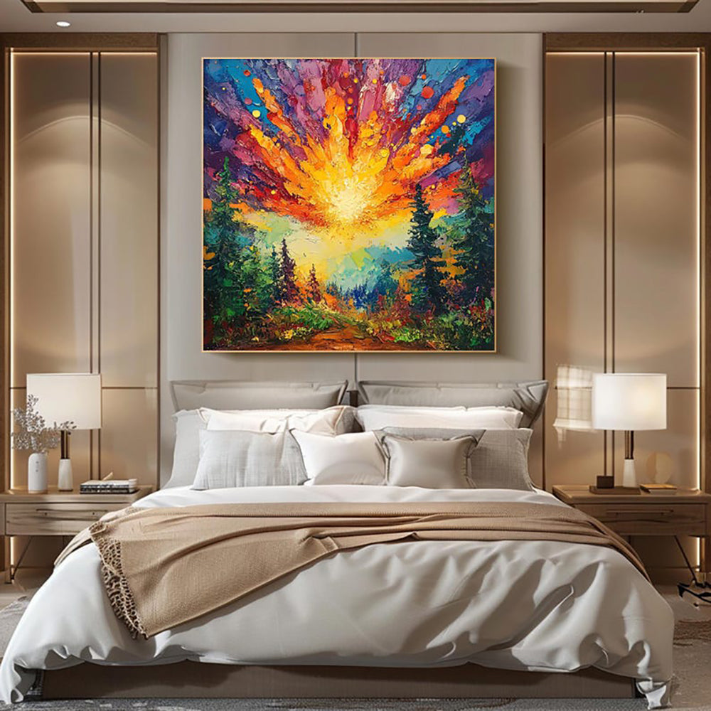 Hand-painted Oil Paintings Sun Rises In The Deep Forest Shining With Brilliant Light Modern Wall Paintings Home Decoration Art Picture Landscape Canvas Textured 3D Posters