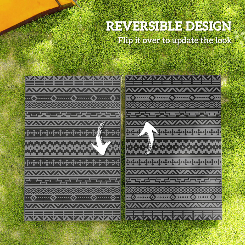 Reversible Outdoor Rug, Waterproof Plastic Straw with Carry Bag, 6' x 9', Black & Gray Geometric Wall