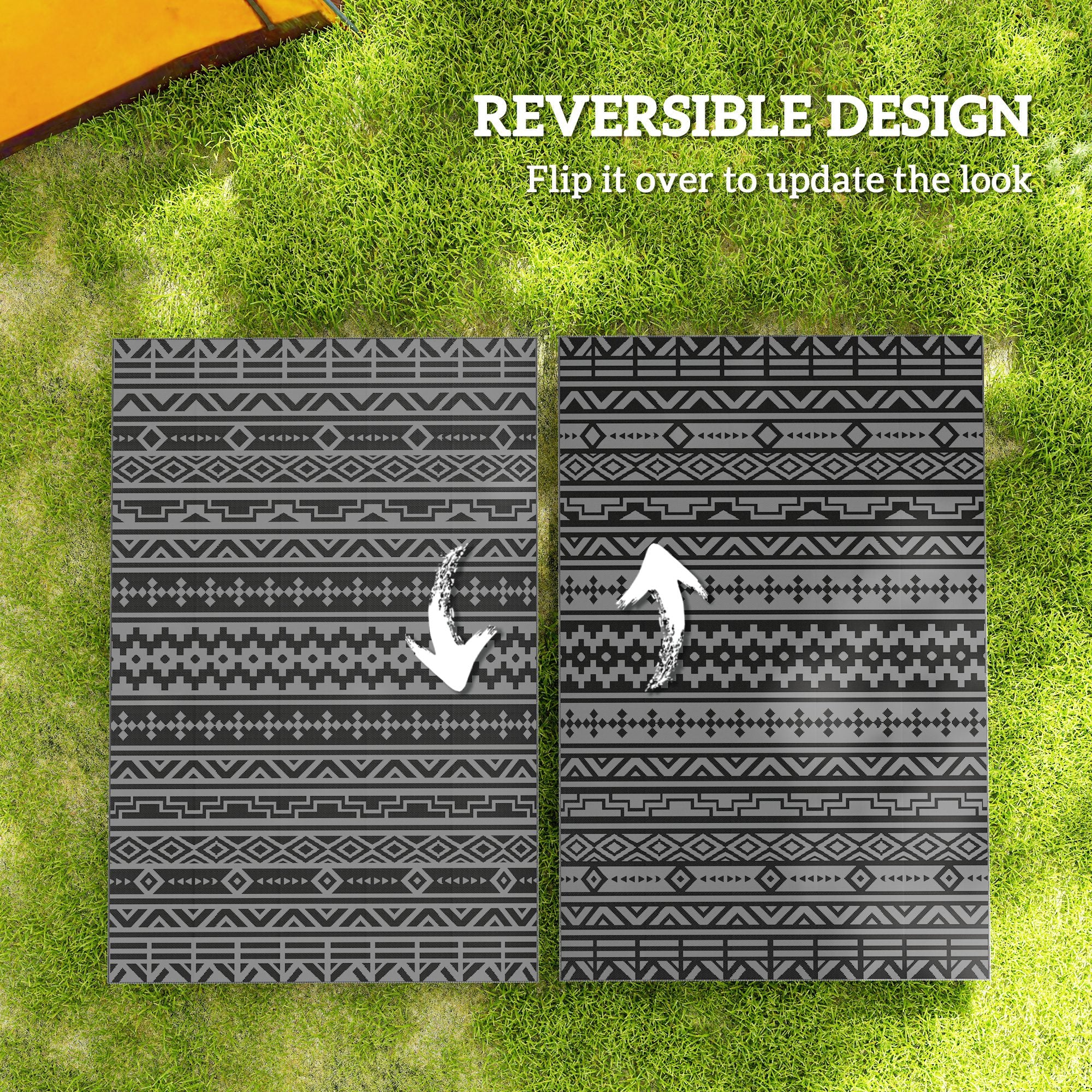 Reversible Outdoor Rug, Waterproof Plastic Straw with Carry Bag, 6' x 9', Black & Gray Geometric Wall