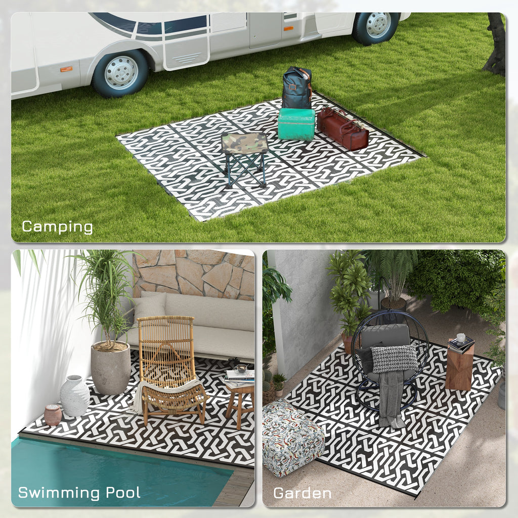 Reversible Outdoor Rug Carpet RV Camping Rugs with Carry Bag, 8' x 10', Black & White Chain