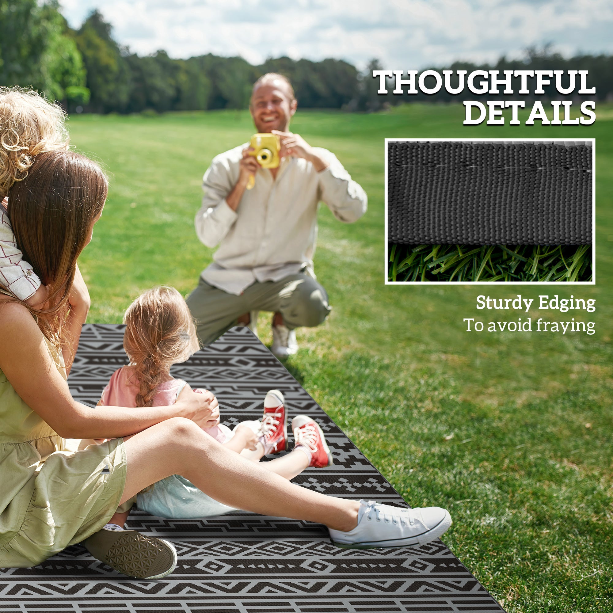 Reversible Outdoor Rug, Waterproof Plastic Straw with Carry Bag, 6' x 9', Black & Gray Geometric Wall