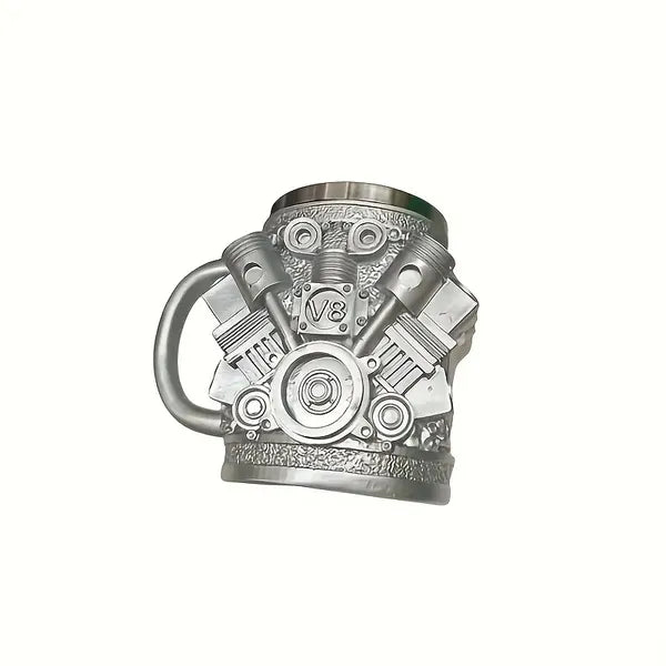 V6/V8 Engine Design Mug - Heavy-Duty Metal Construction, Double-Wall Insulated Cup With Non-Slip Grip - Vintage Automotive Beer Cup, Coffee Mug Gift For Car Guys (Father's Day, Christmas, Birthday) -