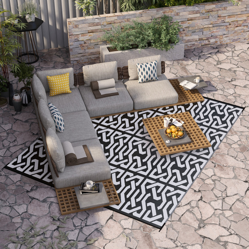 Reversible Outdoor Rug Carpet RV Camping Rugs with Carry Bag, 8' x 10', Black & White Chain