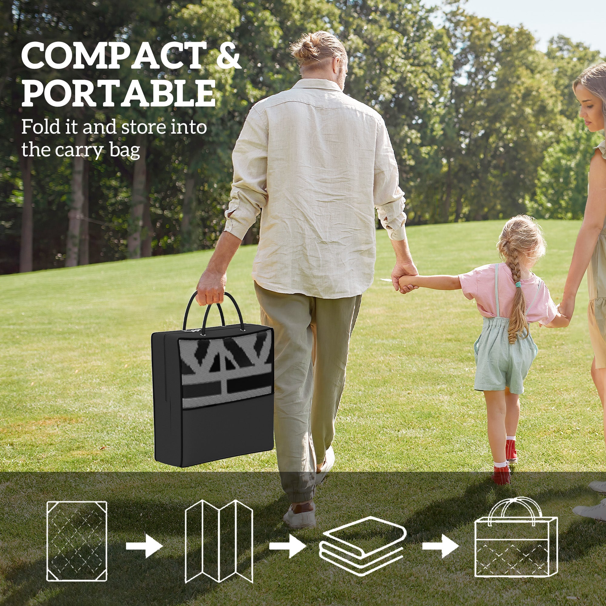 Reversible Outdoor Rug, Waterproof Plastic Straw with Carry Bag, 6' x 9', Black & Gray Geometric Wall