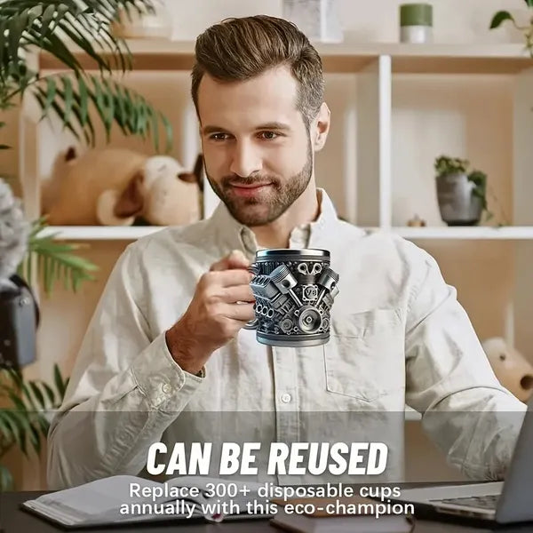 V6/V8 Engine Design Mug - Heavy-Duty Metal Construction, Double-Wall Insulated Cup With Non-Slip Grip - Vintage Automotive Beer Cup, Coffee Mug Gift For Car Guys (Father's Day, Christmas, Birthday) -