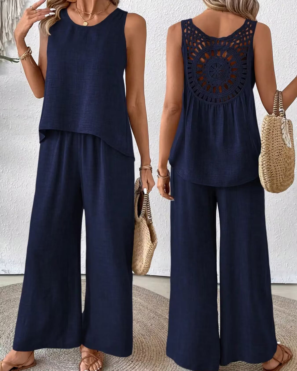 2 Pieces Set Women's Sleeveless Solid Color Back Hollow Lace Suit Summmer Trendy Casual Top Wide Leg Pants Set For Daily Wear Holiday Outfit