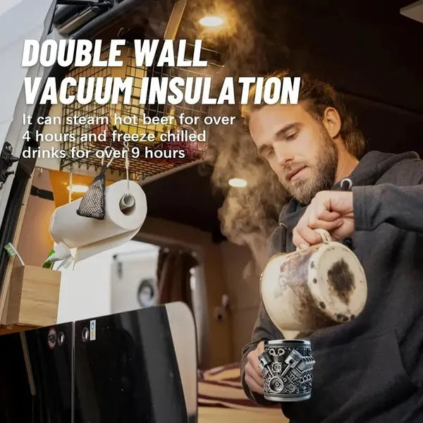 V6/V8 Engine Design Mug - Heavy-Duty Metal Construction, Double-Wall Insulated Cup With Non-Slip Grip - Vintage Automotive Beer Cup, Coffee Mug Gift For Car Guys (Father's Day, Christmas, Birthday) -