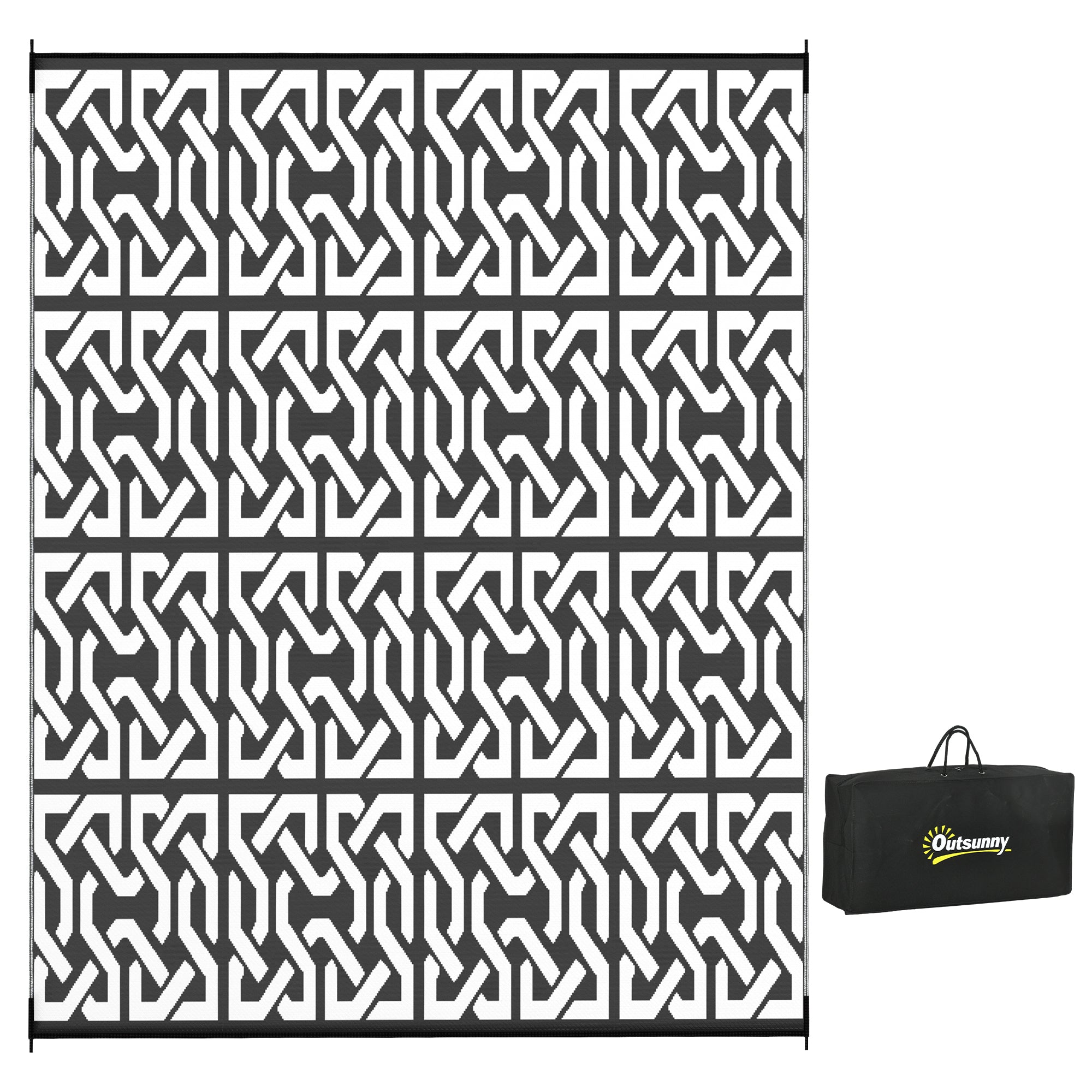 Reversible Outdoor Rug Carpet RV Camping Rugs with Carry Bag, 8' x 10', Black & White Chain
