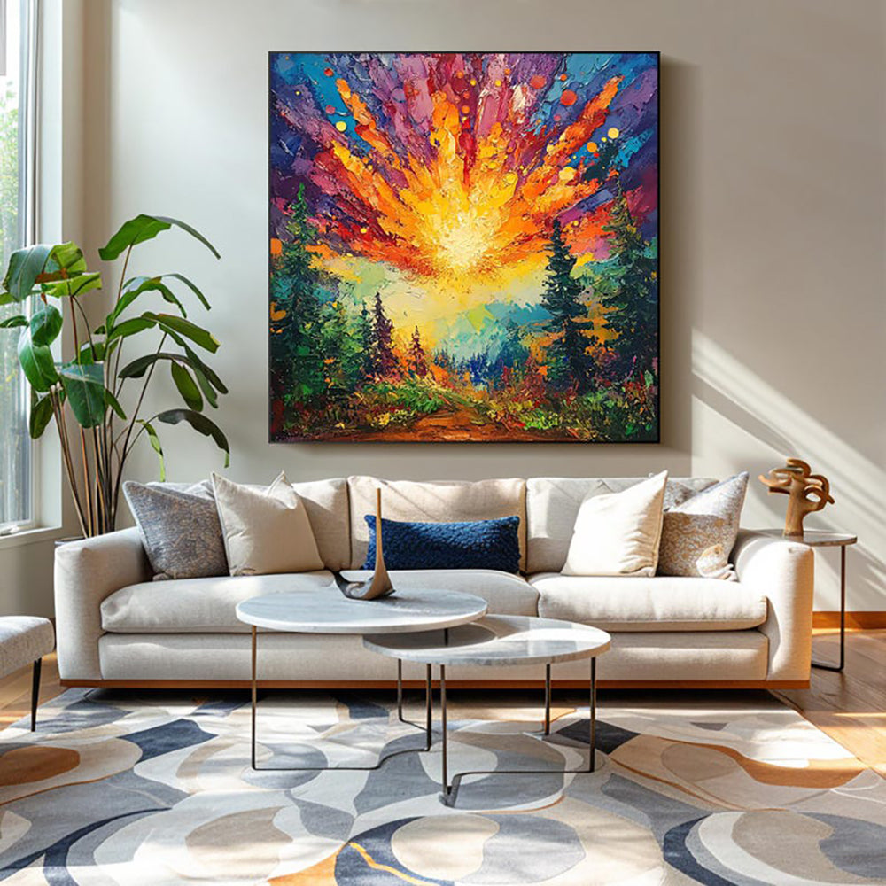 Hand-painted Oil Paintings Sun Rises In The Deep Forest Shining With Brilliant Light Modern Wall Paintings Home Decoration Art Picture Landscape Canvas Textured 3D Posters