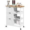 Rolling Kitchen Cart, Kitchen Island with Wood Top, Shelves & Drawers for Dining Area, White