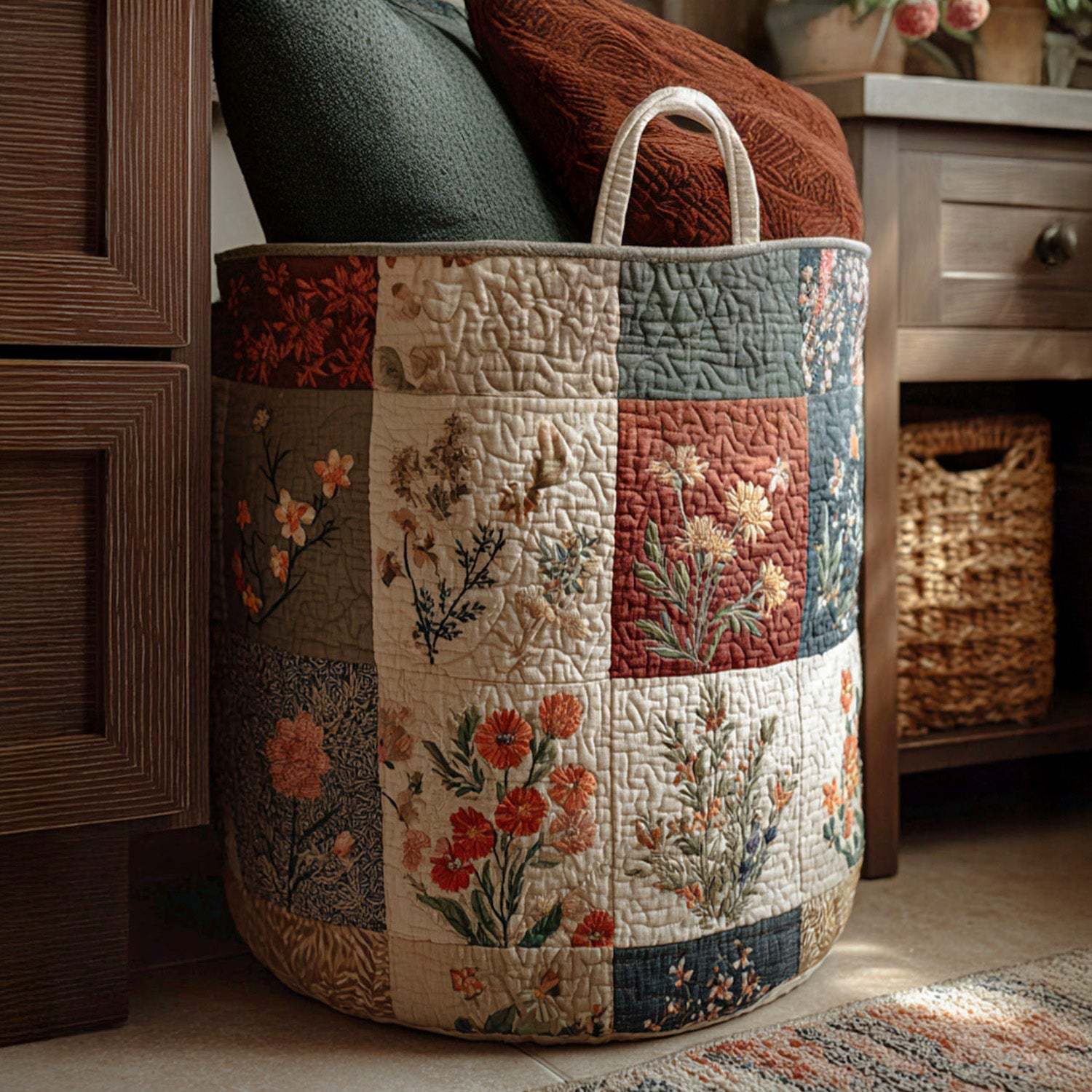 Quilted Embroidery Laundry Basket Storage Box Laundry Hamper