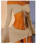 Drawstring Drop Ruched Off Shoulder Two-piece Skirt Set Y2K Long Sleeve Top & Bodycon Skirt Outfits Women's Clothing