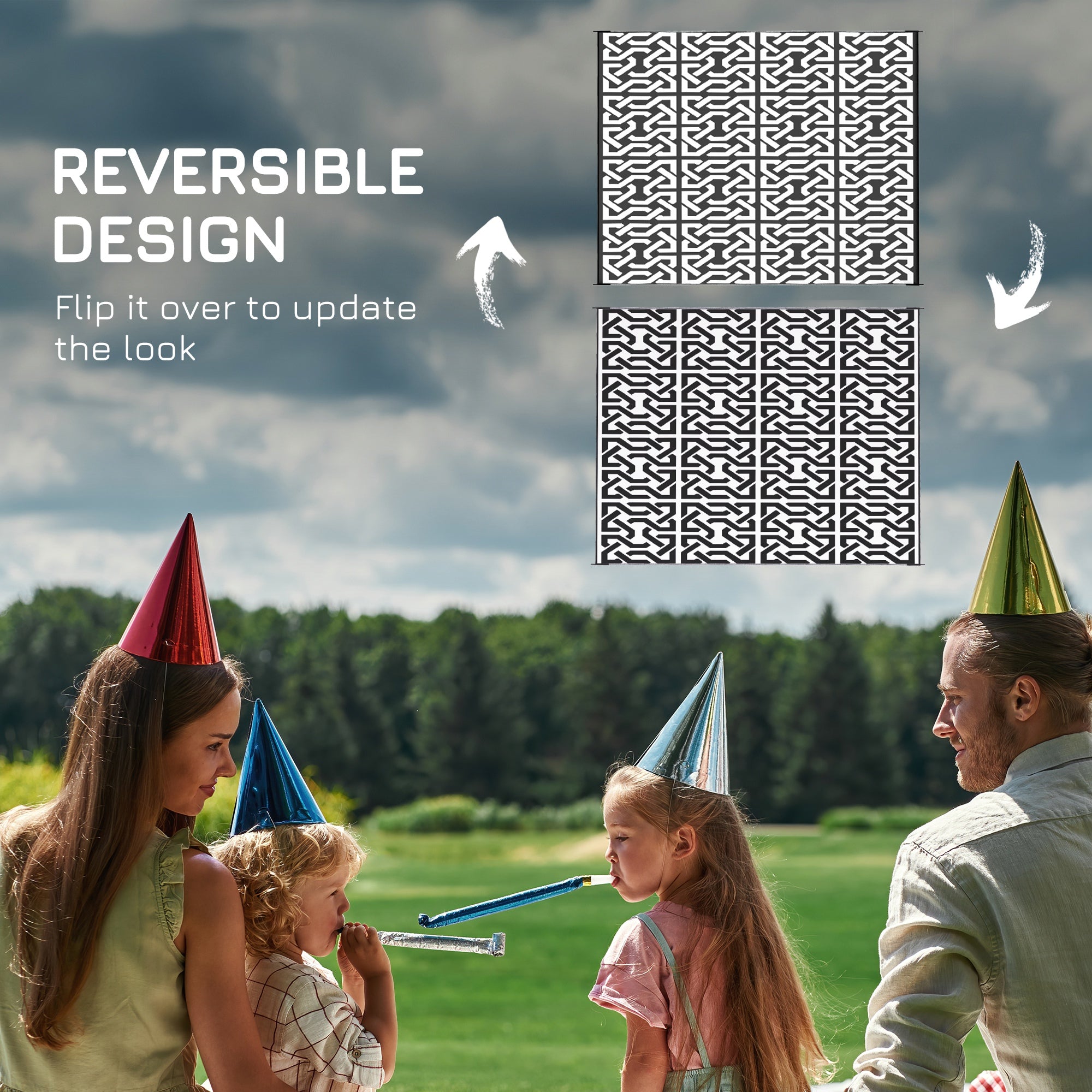 Reversible Outdoor Rug Carpet RV Camping Rugs with Carry Bag, 8' x 10', Black & White Chain