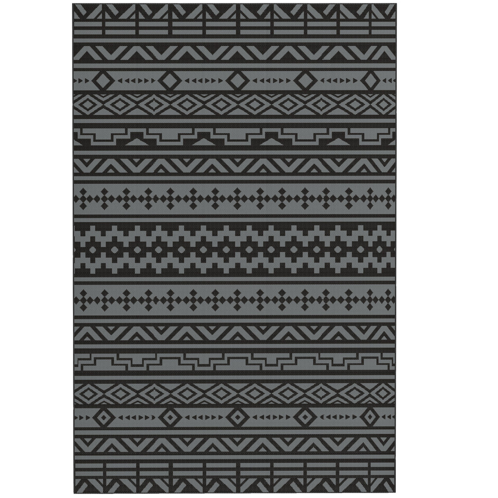 Reversible Outdoor Rug, Waterproof Plastic Straw with Carry Bag, 6' x 9', Black & Gray Geometric Wall