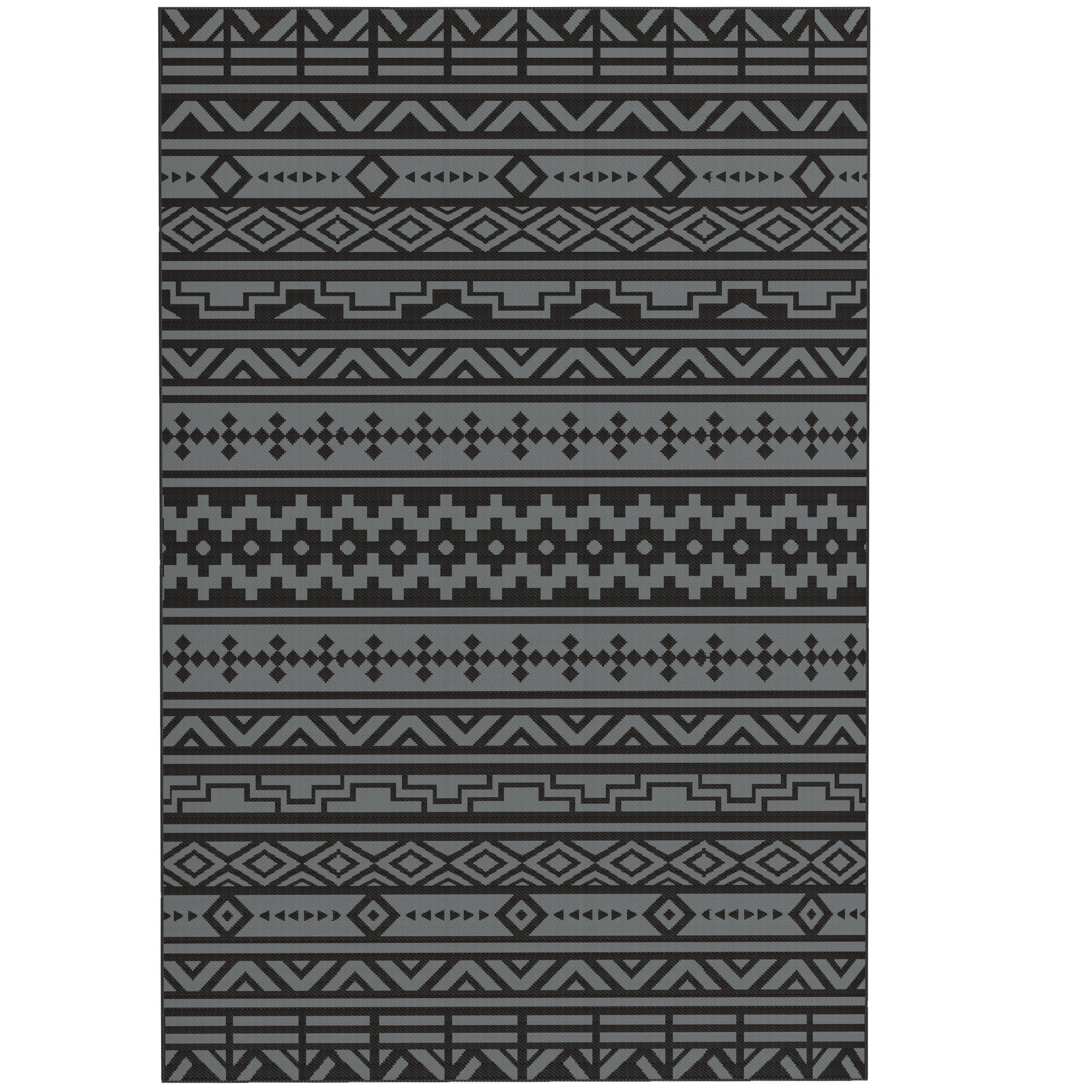 Reversible Outdoor Rug, Waterproof Plastic Straw with Carry Bag, 6' x 9', Black & Gray Geometric Wall