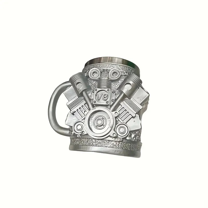 V6/V8 Engine Design Mug - Heavy-Duty Metal Construction, Double-Wall Insulated Cup With Non-Slip Grip - Vintage Automotive Beer Cup, Coffee Mug Gift For Car Guys (Father's Day, Christmas, Birthday) -