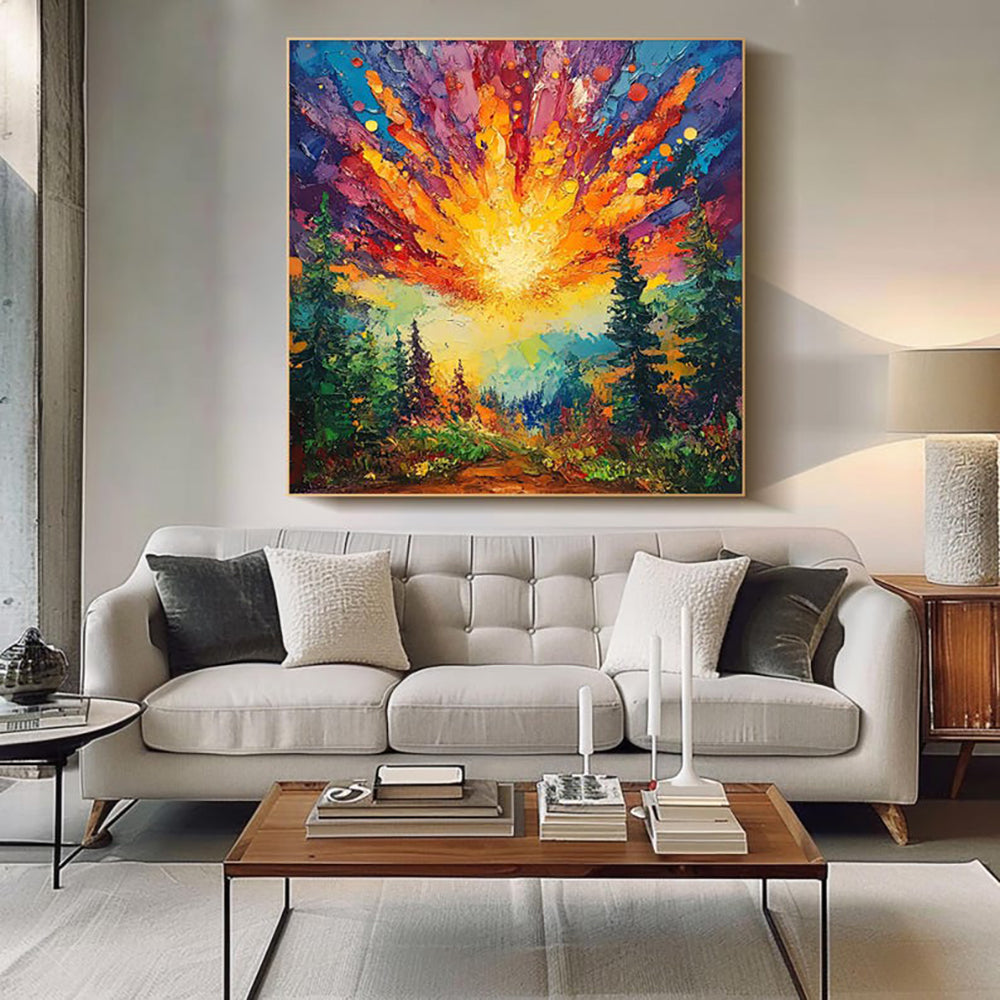 Hand-painted Oil Paintings Sun Rises In The Deep Forest Shining With Brilliant Light Modern Wall Paintings Home Decoration Art Picture Landscape Canvas Textured 3D Posters